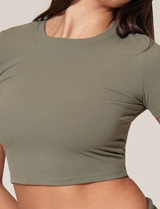 Top corto de punto de manga corta para mujer, ropa deportiva de entrenamiento transpirable para gimnasio y Yoga, camisa atlética elástica para Fitness - Product Image 6