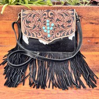 Vente chaude cheveux faits à la main sur cuir repoussé Cactus Turquoise pierre frange sac à bandoulière Western en cuir véritable sac à main pour les femmes