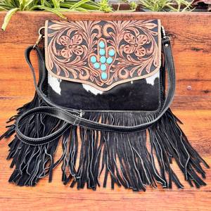 Bolso cruzado con flecos de piedra turquesa de Cactus de cuero con pelo hecho a mano para mujer - Product Image 2