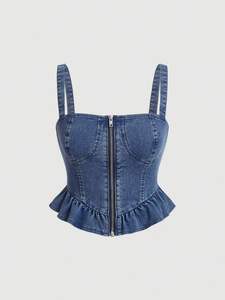Corset moderne Haut en jean à la mode Décontracté Chic Moderne Slim-Fit Vintage Charm Light Wash Intemporel Structuré - Product Image 5