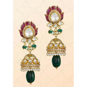 Boucles d'oreilles Jhumki traditionnelles persanes Bagh-e-Noor, en or artisanal, forme de fleur Kundan Polki, bijoux de mariage pour femmes, objets de collection - Product Image 1
