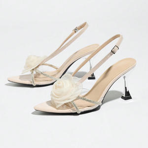 Sandales à bout pointu et ouvert, style français, avec fleur rose en strass, talon fin transparent, talons hauts pour femmes - Product Image 1