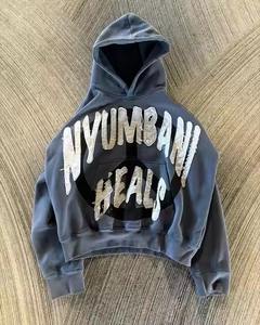 Fabricante lavado con ácido Vintage parche bordado desgastado apliques Unisex pulóver sudaderas térmicas Sun Faded Hoodies hombres - Product Image 6