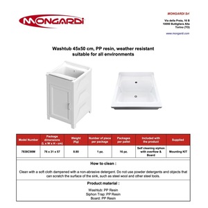 Mongardi White Polypropylene Resin Modern Water Resistant Laundry Sink 45L X 45-49W X 85H cm Lever Handle Faucet <b>Stone</b> Drain Kit - Product Image 5