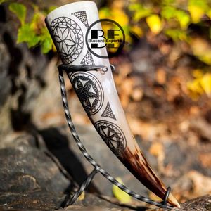 Soporte de cuerno para beber tallado con logotipo personalizable 2025, cuerno de vaca/buey 100% ecológico, capacidad de 300-400ml, artesanía religiosa Natural - Product Image 1