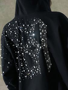 Sweat à capuche oversize confortable avec strass pour femme, en molleton de coton doux, chaud, respirant, streetwear tendance, broderie vintage, veste à patch - Product Image 5