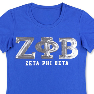 100 Cotton Zeta Phi Beta Sorority Royal Blue <b>Sequin</b> Tee Embroidered Greek Letters Sparkle Stylish Greek Life Apparel <b>T</b> <b>Shirt</b> - Product Image 4