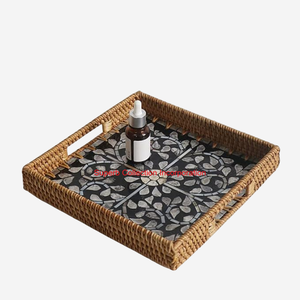 Bandeja para servir de ratán Natural hecha a mano con incrustaciones de concha de nácar, bandeja redonda ecológica para café, té y frutas para decoración del hogar - Product Image 3