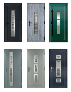 Puerta de PVC gris claro con detalles metálicos y acristalamiento moderno - Product Image 4