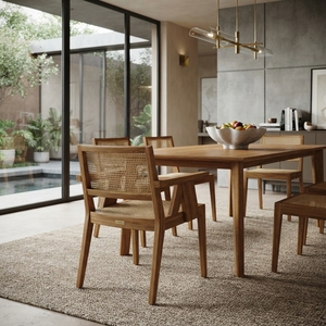 Chaise de salle à manger minimaliste moderne en teck avec rotin tressé, usage général, mobilier pour la maison, bureau, hôtel, villa, appartement, cuisine - Product Image 5