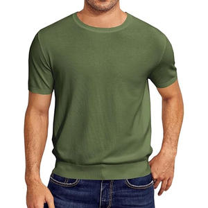 Pull-over extensible à col ras du cou pour hommes, pull-over décontracté, solide, basique, à manches courtes, t-shirts décontractés basiques en tricot - Product Image 1