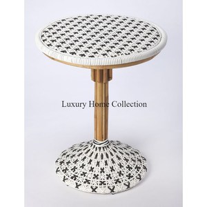 Cadre de couleur or de table d'appoint en métal de forme ronde et de base en rotin avec dessus de couleur blanche et noire et meubles de base - Product Image 2