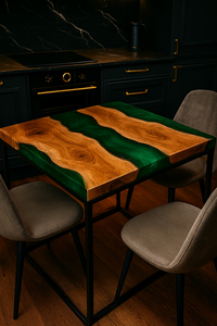 Plateau de table carré de luxe moderne en résine verte avec dessus en bois d'acacia massif, design rivière élégant, boîte de rangement polyvalente pour vaisselle - Product Image 2