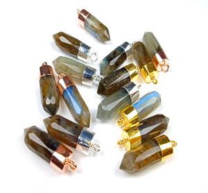 Vintage Style Labradorite Gemstone Pendant <b>Big</b> <b>Pencil</b> 20x7mm Rhodium & Gold Plated Stone Christian Religious Symbol - Product Image 1