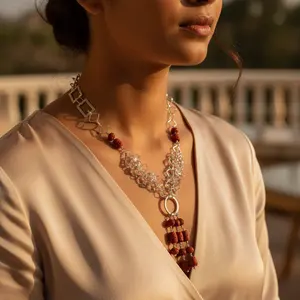 Collar de Cadena Plateada Clásico y Moderno para Mujer con Cuentas de Coral Rojo, Perlas y Conchas, Materiales de Aleación de Cobre, Estilo Religioso Cristiano - Product Image 2