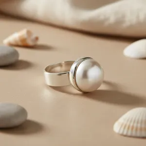 Bague Cocktail Art Palace en Argent 925 avec Perle d'Eau Douce, Sertie Clos, Design Minimaliste, Tendance, Unisexe, pour Mariage et Usage Quotidien - Product Image 1
