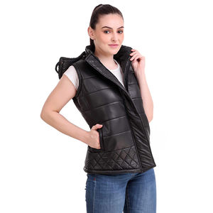 Chaleco con capucha de estilo moderno para mujer, chaqueta sin mangas con cremallera de tela personalizada, disponible en todos los colores - Product Image 4