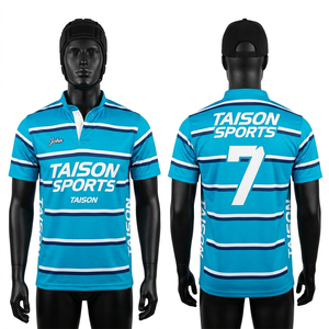 Maillot de rugby pour homme, haute qualité, tissu polyester 210 GSM, respirant et anti-humidité, gris, bleu marine, panneaux rayés blancs, logo personnalisé imprimé. - Product Image 4