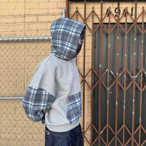 Sweat à capuche zippé en molleton français 100% coton pour homme, patchwork à carreaux, couleur contrastée, imprimé numérique - Product Image 5