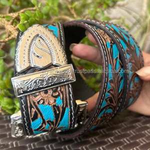เข็มขัดหนังแท้ทำด้วยมือเข็มขัดหนังสไตล์ตะวันตกเข็มขัดสีเทอร์ควอยซ์สำหรับทุกเพศอินเดีย - Product Image 4