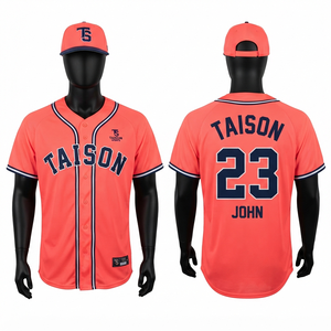 Camiseta de Béisbol para Hombre, Premium, 240g, Malla de Poliéster, Color Naranja Coral, Ribete Azul Marino, Impresión Digital por Transferencia de Calor, Logotipo Personalizado en la Parte Trasera/Delantera - Product Image 1