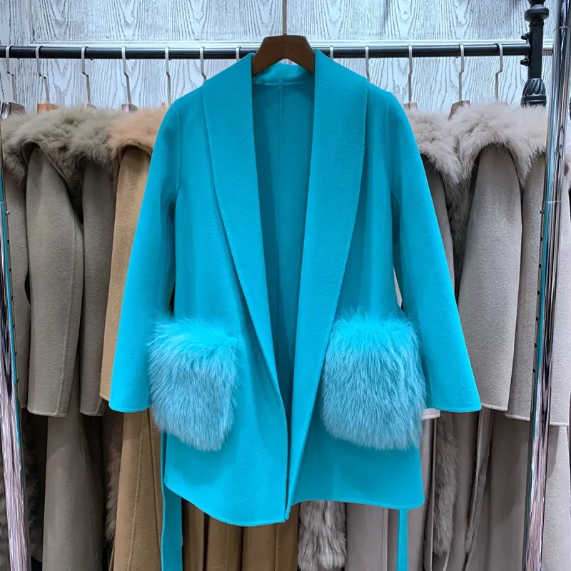 WL011 #2023 겨울 따뜻한 여성 "의 진짜 모피 코트 양 울 캐시미어 혼합 천연 여우 모피 재킷