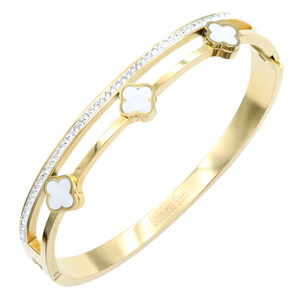 Bracciale in Acciaio Inossidabile Placcato Oro con Cristalli, Design Trifoglio Nero - Product Image 1