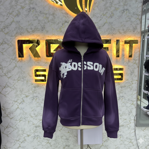 ODM Services Reasonable Price Zipper Hoodie <b>Rhinestone</b> Zip up <b>Jacket</b> Acid Wash Vintage Washed Men Fleece Streetwear Hoodie - Product Image 1