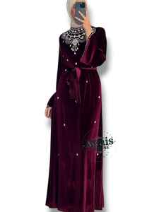 Robe Abaya Kaftan longue à manches longues, simple et modeste, en velours importé, ornée de cristaux et de perles, idéale pour les occasions de l'Aïd - Product Image 4