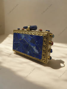 Lapis Lazuli Gemstone Clutch <b>Bag</b> with <b>Gold</b> Frame Handmade Stone Mosaic <b>Evening</b> Accessory for Wedding Party Wear - Product Image 3