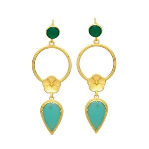 Nouvelles boucles d'oreilles pendantes circulaires dorées avec fleur et pierre hydro améthyste verte - Product Image 1