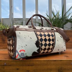 New Hand <b>Tooled</b> Cowhide <b>Leather</b> Checkered Pattern Duffel Bag Western Overnight Travel Bag Genuine <b>Leather</b> Duffle Bags for Unisex - Product Image 1