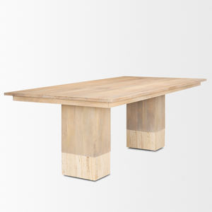 Table à manger en bois de mangue avec pieds en bois et plateau en marbre travertin, design moderne et nouveau - Product Image 4