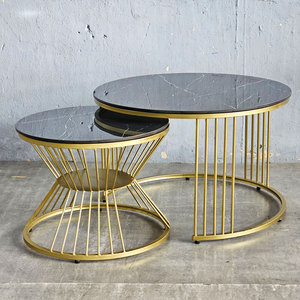 Modern Farmhouse Double Sofa <b>Table</b> with Stone Top and Iron Frame Nesting Movable <b>Side</b> <b>Table</b> for Entry or Living Room TT68214 - Product Image 6