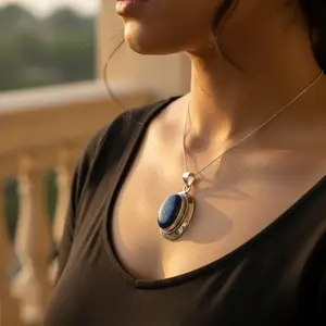 Pendentif ovale en argent 925 fait main avec lapis-lazuli et cristal doré, bijoux religieux en pierres précieuses pour femmes, motif numérique, charme - Product Image 2