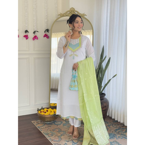 Elegant Modern Ethnic Chanderi Viscose Cotton Embroidery Kurti <b>Set</b> <b>for</b> <b>Women</b> Includes Bottom Dupatta <b>for</b> Party Indian Pakistani - Product Image 5