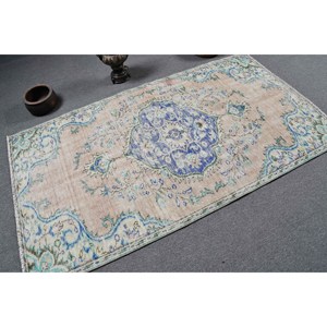 Tapis turc vintage traditionnel bleu beige 3.8x6,8 pieds motif patchwork tissage plat laine PP pour décorations de salon 4m latex - Product Image 2