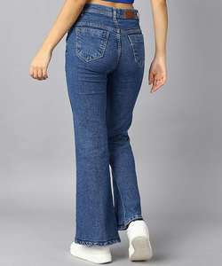 Diseño de moda Señoras Denim Custom Button up Mujer Jeans Pantalones Azul Acampanado Cinturón suelto Cintura Boyfriend Pantalones vaqueros acampanados - Product Image 3