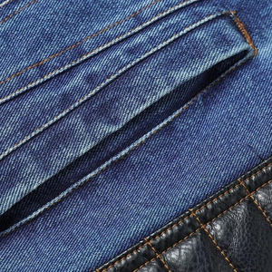 Chaqueta de tendencia superior para hombres, venta al por mayor personalizada, cuerpo de mezclilla, Mangas de cuero real, chaquetas de motorista con capucha Bomber con marca personalizada - Product Image 4