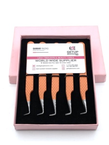 Pince à épiler professionnelle pour extensions de cils en acier inoxydable, finition mate orange, pointe argentée à 90 degrés, antistatique - Product Image 5