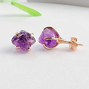 Boucles d'oreilles classiques en pierres précieuses véritables faites à la main bijoux en pierre de naissance de février améthyste brute plaqué or rose pour les femmes cadeau parfait - Product Image 2