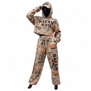 <b>Women</b> Premium Cotton Polyester Fleece <b>Tracksuit</b> 300 GSM Soft Fabric <b>Beige</b> All Over Print Custom Logo Set plus size <b>Tracksuits</b> - Product Image 1