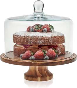 Custom Luxury Acacia Wooden <b>Cake</b> <b>Stand</b> with Glass Dome Turntable <b>Rotating</b> Baking Equipment for Serving and Displaying <b>Cakes</b> - Product Image 1