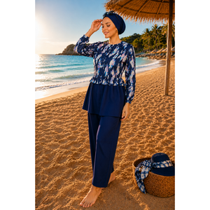 Conjunto de Traje de Baño de Tres Piezas para Mujer, Top Estampado Negro y Morado, Cintura con Volantes, Detalle de Cremallera, Pantalones Elásticos Estilo Burkini, Varias Tallas - Product Image 4