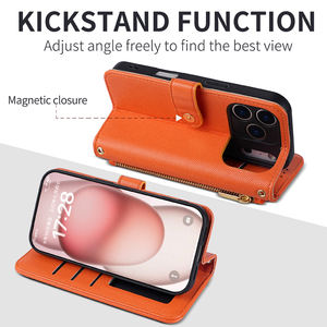 Funda Protectora Multifuncional con Tarjetero para 17 Pro Max, Diseño de Cartera, Plegable, de TPU y Cuero PU, Color Naranja - Product Image 6