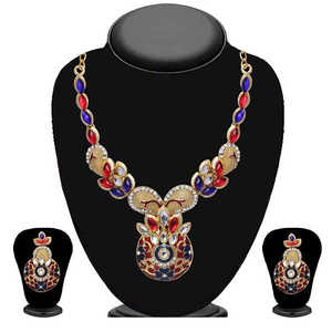 Soha Vintage Floral Design Necklace Set with <b>Blue</b> Stone Gold Plated Stainless Steel and Copper Bridal Jewelry - Product Image 1
