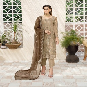 Ramsha Vol-Vestido largo de gasa bordado, traje Punjabi de tres piezas para mujer, ropa de fiesta Eid pesada, indio pakistaní - Product Image 4