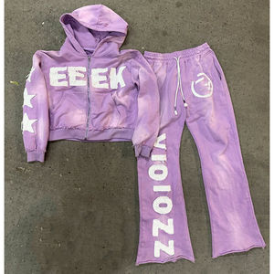 Ensemble sweat à capuche et pantalon de survêtement en coton 100% épais et respirant, avec patch brodé personnalisé effet vieilli, style streetwear délavé soleil, idéal pour l'hiver - Product Image 4