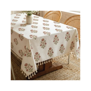 Nappe bleu marine à motif de roses, avec franges décoratives, en lin pour la maison, les hôtels, les restaurants - Exportateur de textiles en lin d'Inde - Product Image 3