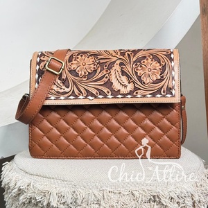 Gran oferta, Popular, acolchado a mano, cuero genuino, enrejado de diamantes, bolsos con solapa de hombro, bolsos de mensajero cruzados florales para mujer - Product Image 1